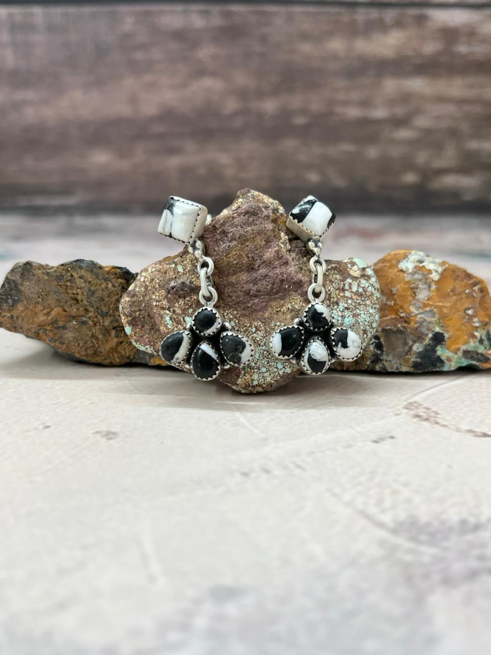 Handmade Sterling Silver White Buffalo Post Dangle Earrings "Signed Nizhoni"