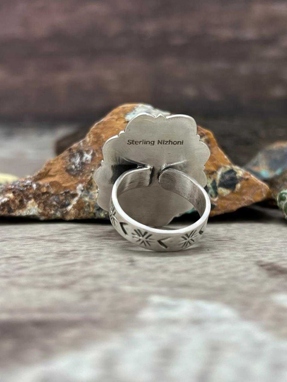 Handmade Sterling Silver Number 8 Turquoise Adjustable Ring "Signed Nizhoni"