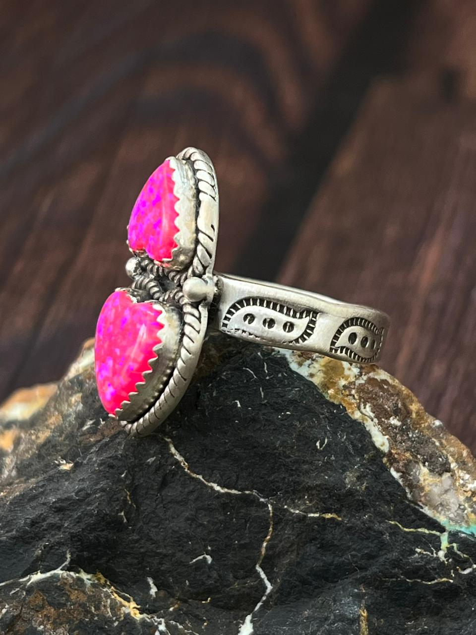 Handmade Sterling Silver Hot Pink Heart Shape Adjustable Ring "Singed Nizhoni"