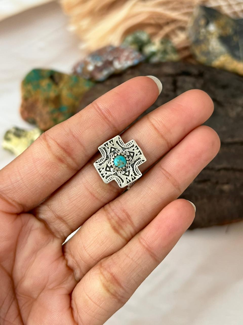 Handmade Sterling Silver Kingman Turquoise Cross Adjustable Ring "Signed Nizhoni"