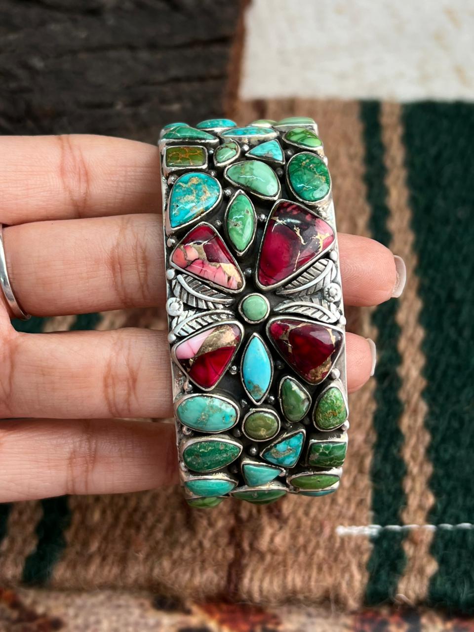 Handmade Sterling Silver Dahlia Rose with Emerald Valley Turquoise Cuff Bracelet "Signed Nizhoni"