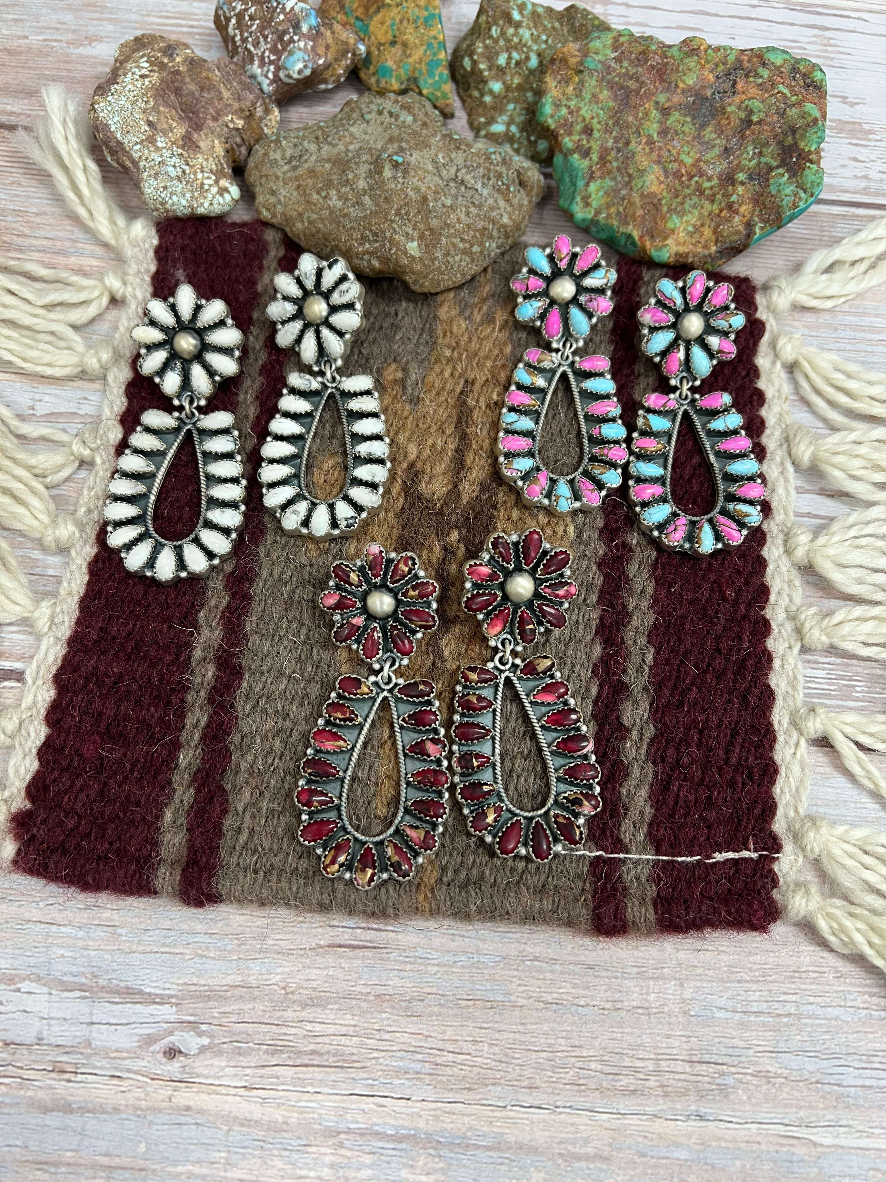 Handmade Sterling Silver White Buffalo, Dahlia Rose, Cotton Candy Turquoise Dangle Earrings, Signed Nizhoni