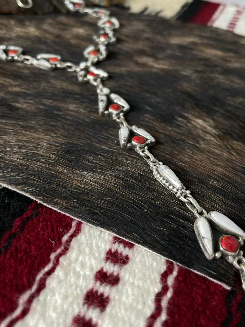 Handmade Sterling Silver White Buffalo with Red Opal Necklace "Signed Nizhoni"