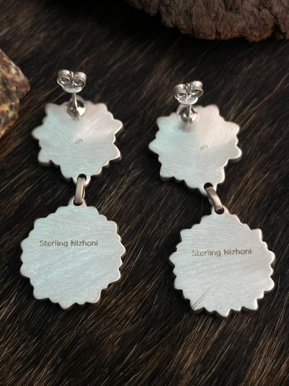 Handmade Sterling Silver Kingman Turquoise Post Dangle Earrings "Signed Nizhoni"