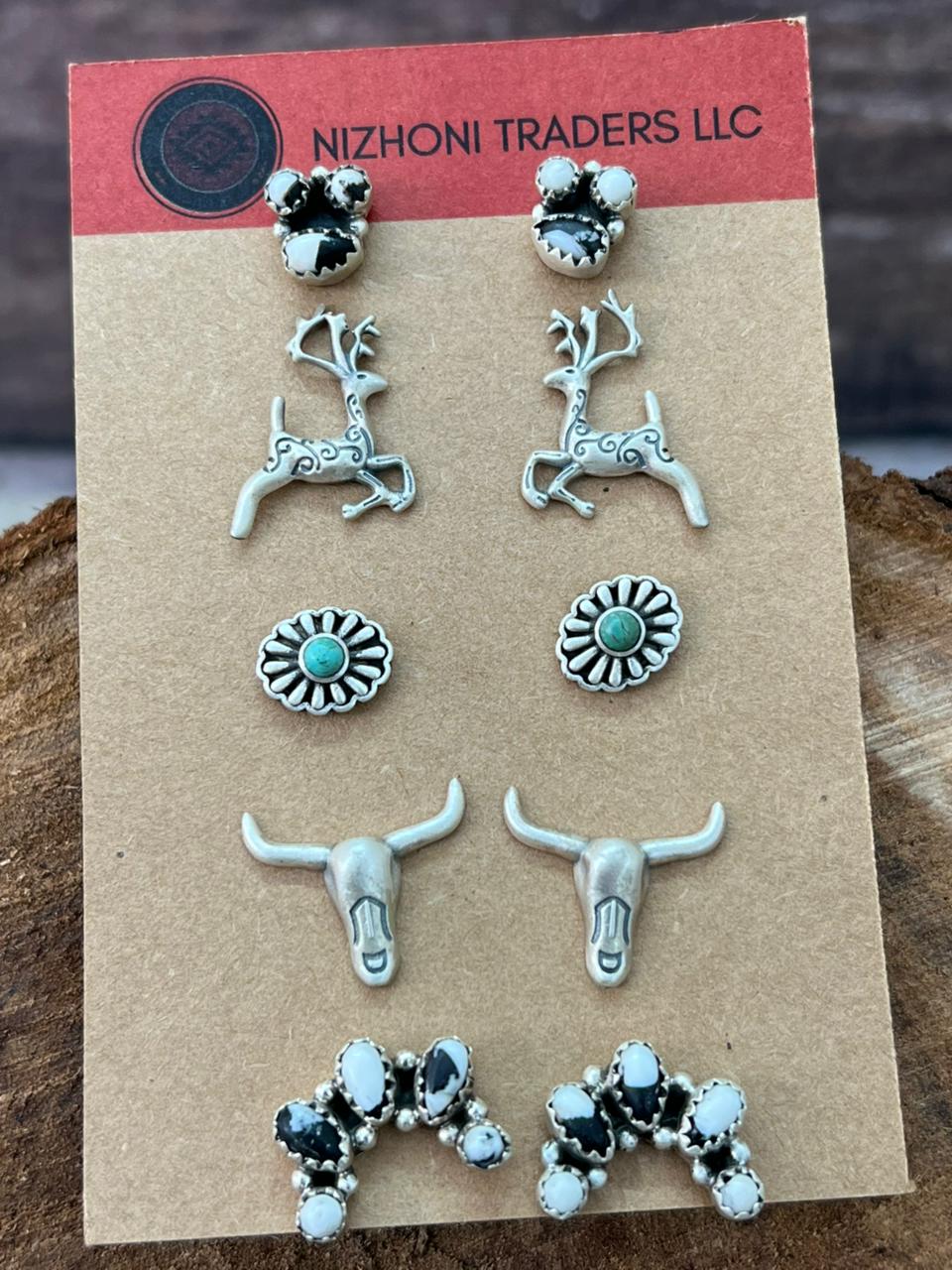 Handmade Sterling Silver White Buffalo with Kingman Turquoise Post Studs Earrings Set (1)