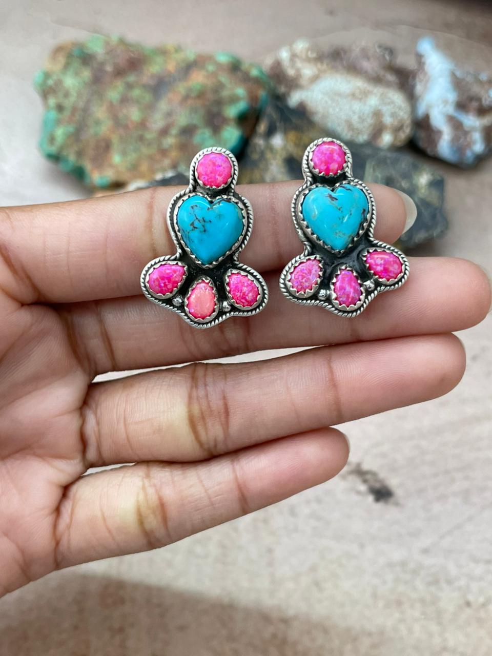 Handmade Sterling Silver Arizona Blue Turquoise with Hot Pink Post Studs Earrings "Signed Nizhoni"