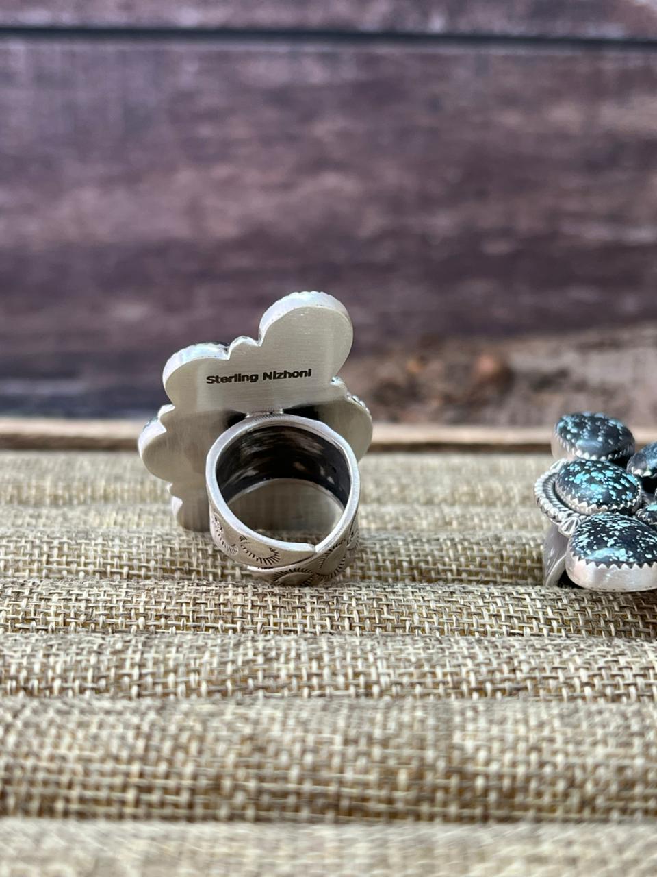 Handmade Sterling Silver Lander Turquoise Adjustable Ring With Signed Nizhoni