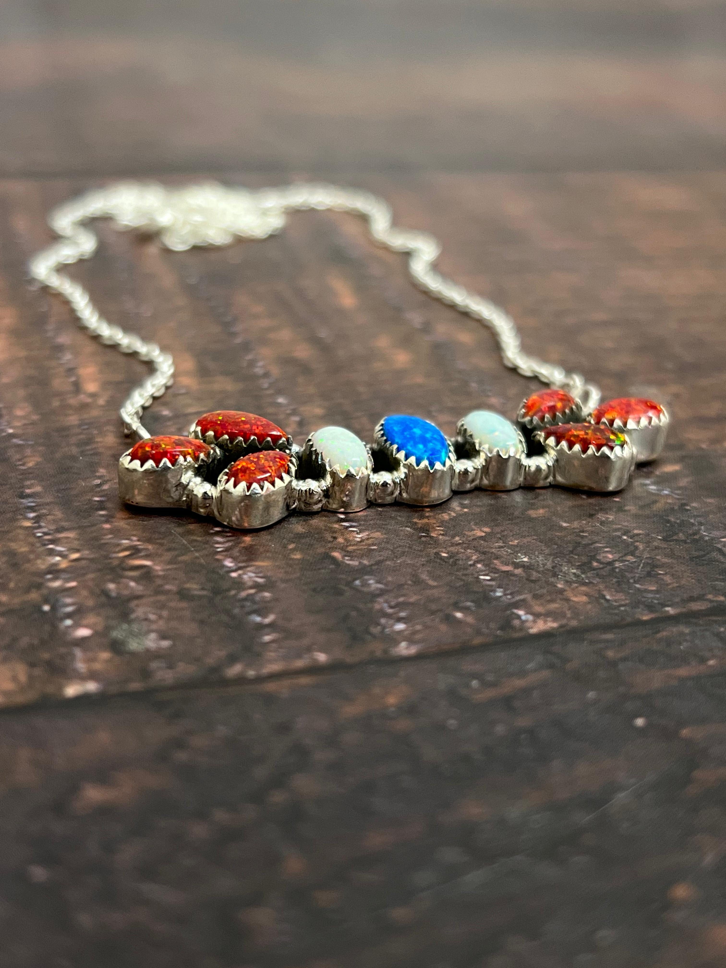 ** 4TH OF JULY ** Handmade Sterling Silver Synthetic Opal Necklace with Signed Nizhoni