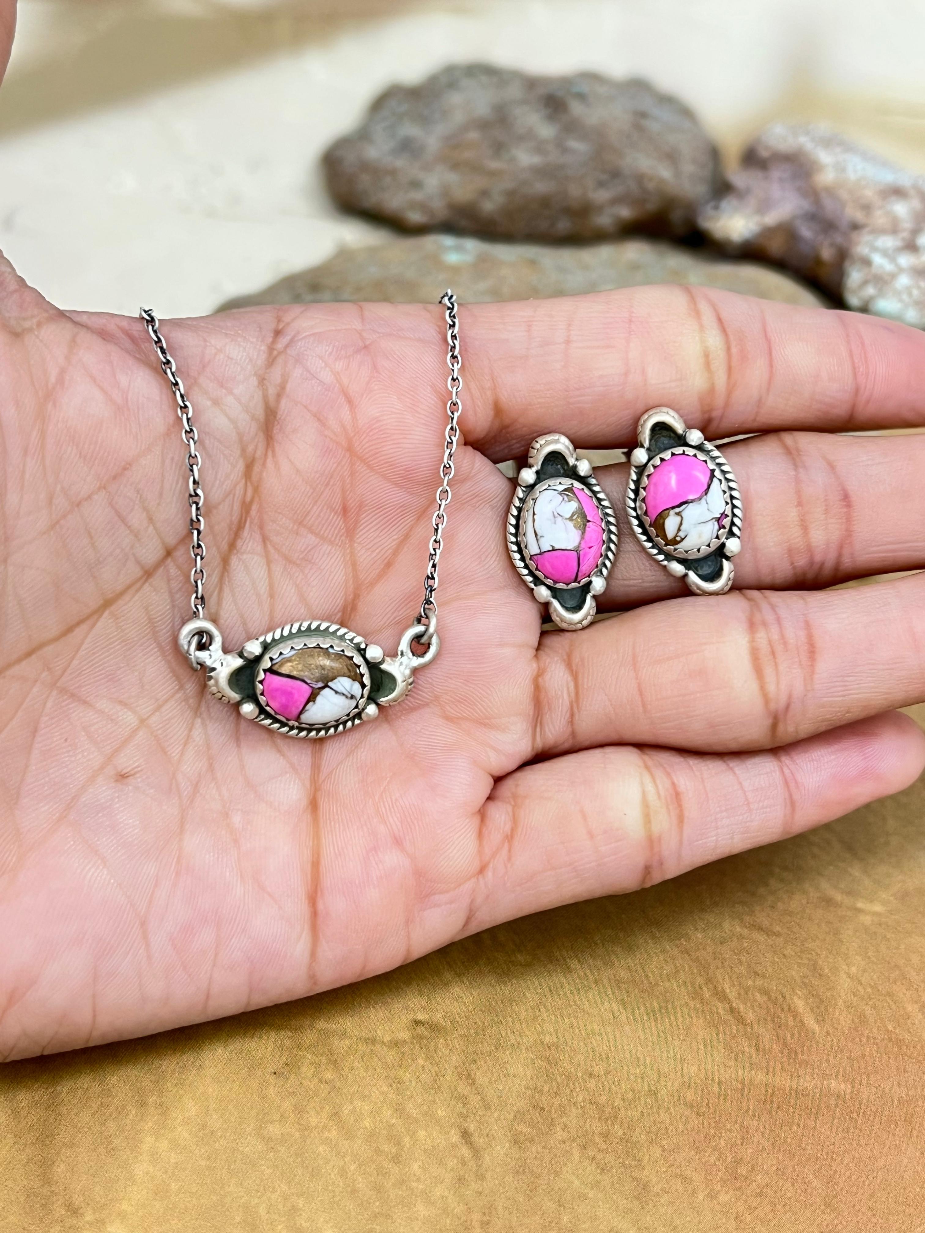 Handmade Sterling Silver Cotton Candy Turquoise Necklace Earrings Set, Signed Nizhoni