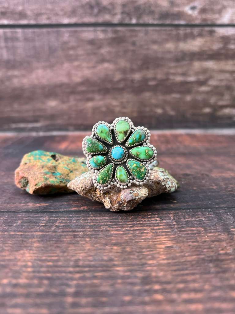 Handmade Sterling Silver Sonoran Mountain Turquoise with White Water Turquoise Adjustable Rings "Signed Nizhoni"