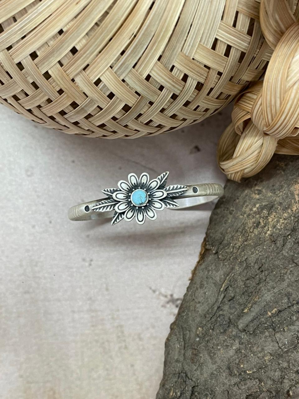 Handmade Sterling Silver Golden Hills Turquoise Cuff Bracelet with Signed Nizhoni