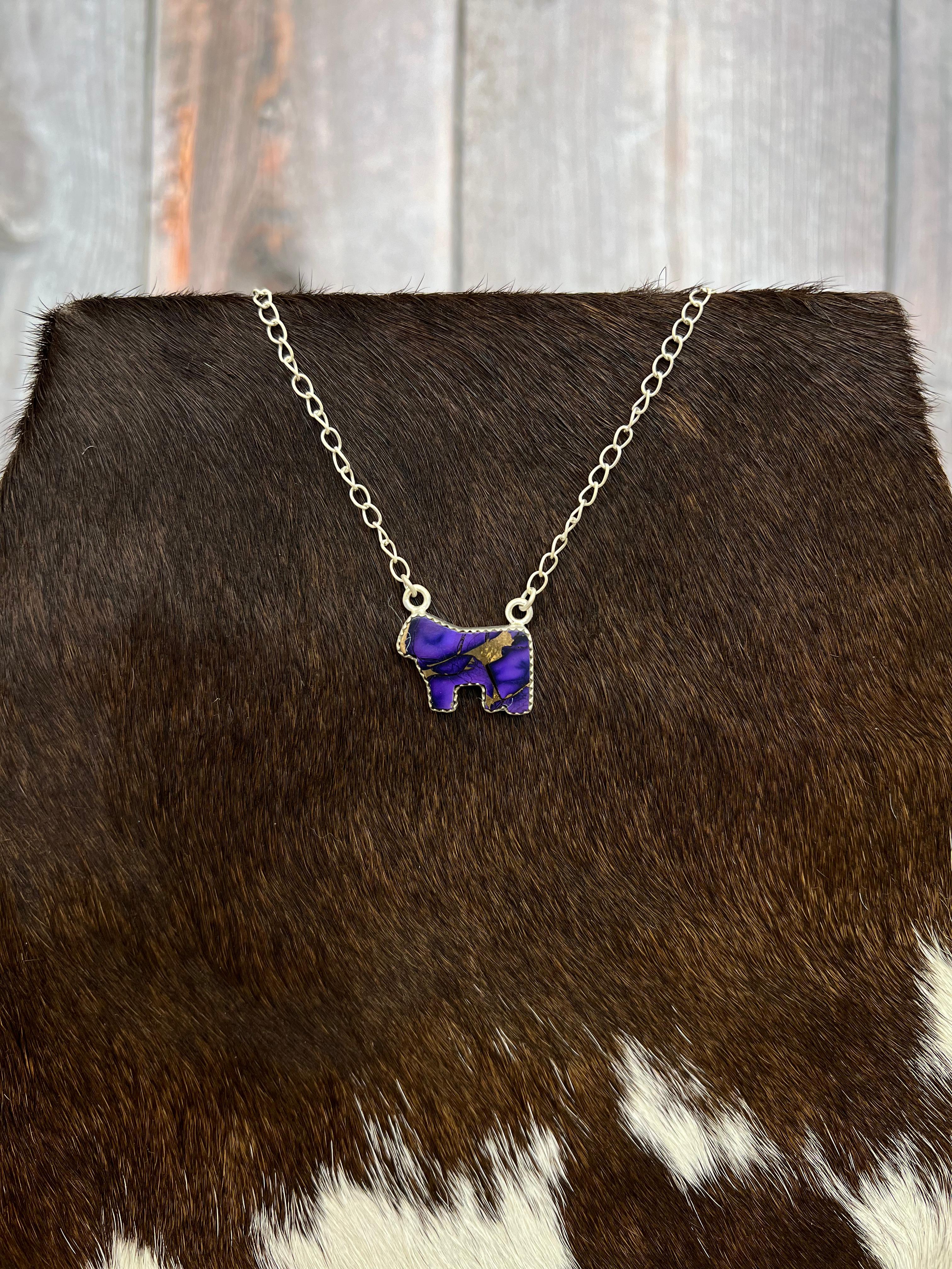 Handmade Sterling Silver Grape Dahlia Bull Necklace with Signed Nizhoni