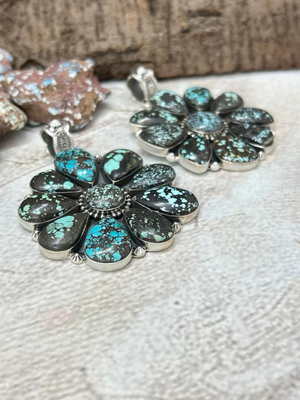 Handmade Sterling Silver Lander Turquoise Pendant with Signed Nizhoni