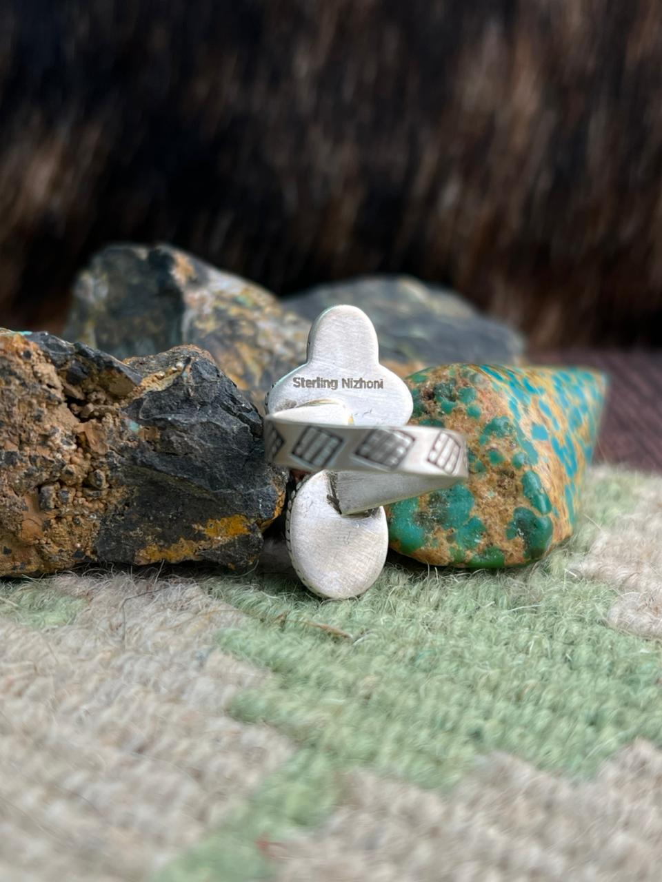 Handmade Sterling Silver Emerald Valley with Santa Maria Turquoise Adjustable Ring "Signed Nizhoni"