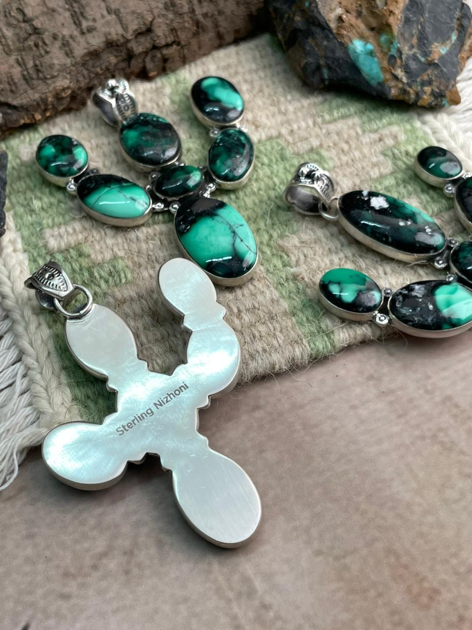 Handmade Sterling Silver Emerald Rose Cactus Pendant "Signed Nizhoni"