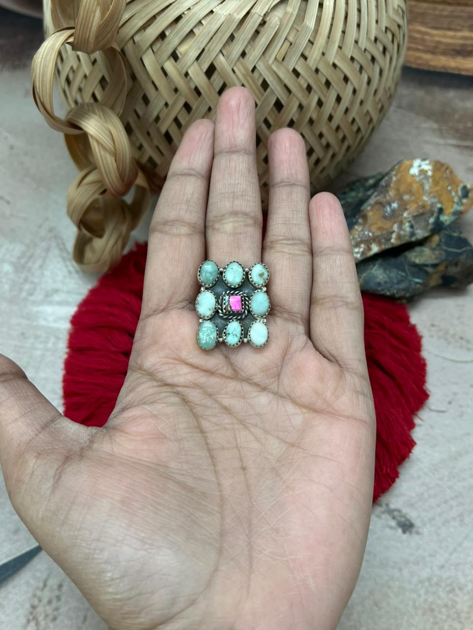 Handmade Sterling Silver Paloma With Cotton Candy Adjustable Ring "Signed Nizhoni"