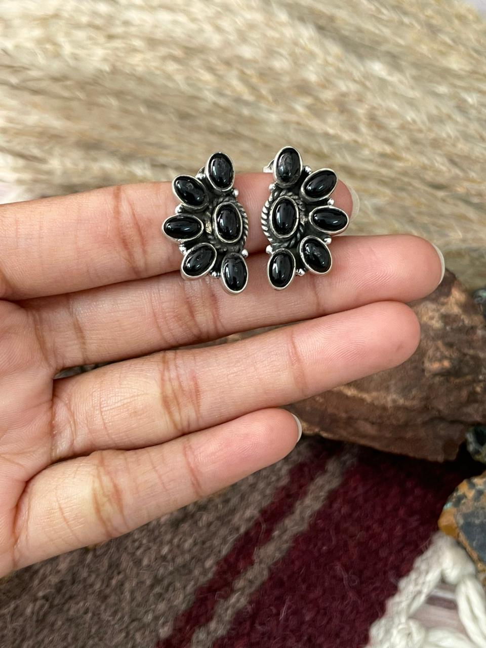 Handmade Sterling Silver Black Onyx Post Studs Earrings "Signed Nizhoni"