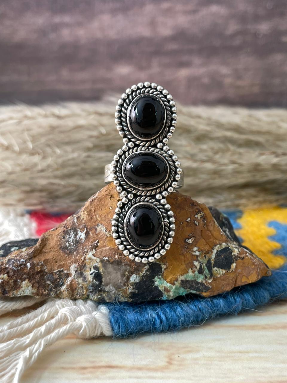 Handmade Sterling Silver Black Onyx Adjustable Ring "Signed Nizhoni"