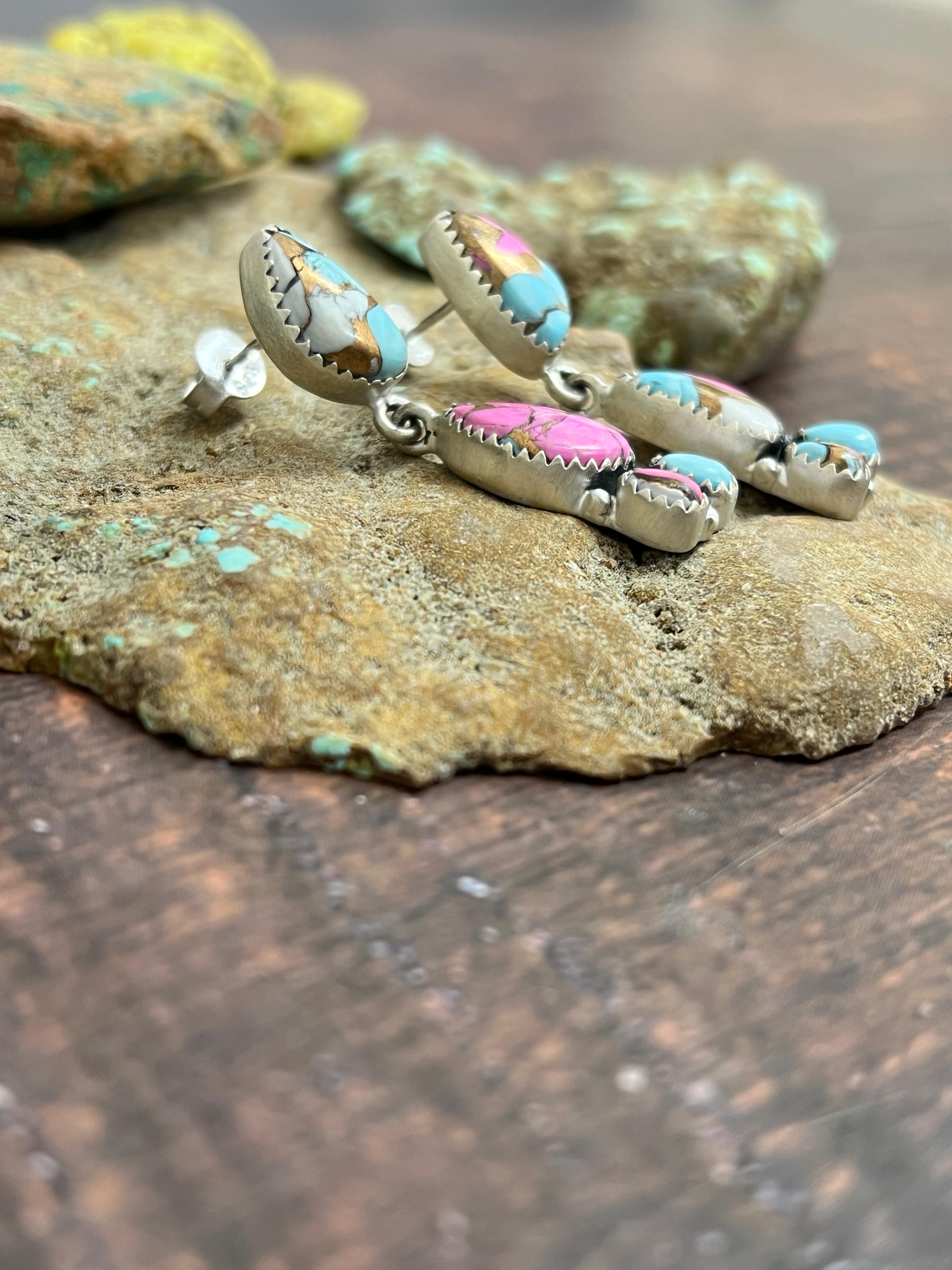 Handmade Sterling Silver Cotton Candy Turquoise Post Earrings with Signed Nizhoni