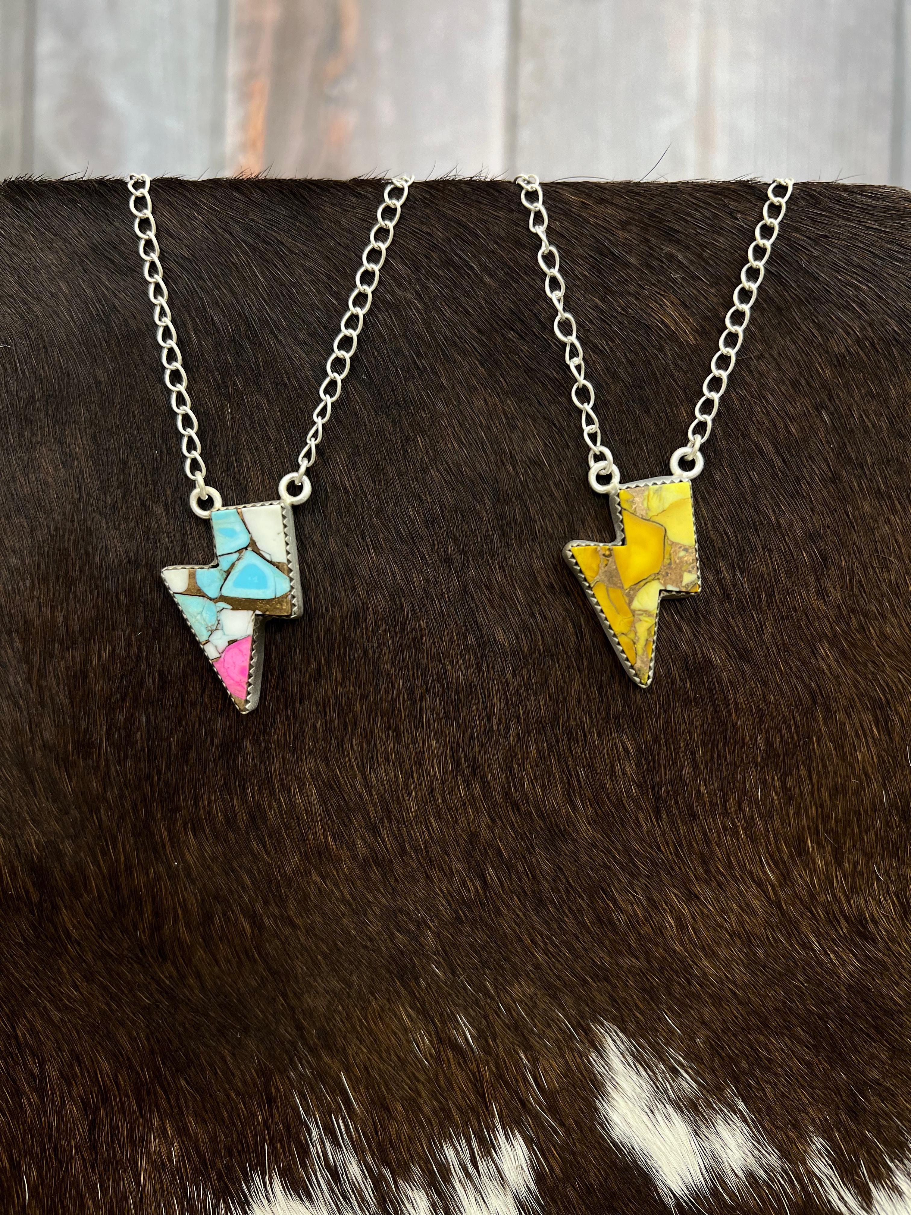 Handmade Sterling Silver Cotton Candy, Honey Dahlia Lightning Bolt Necklace Signed Nizhoni (3)