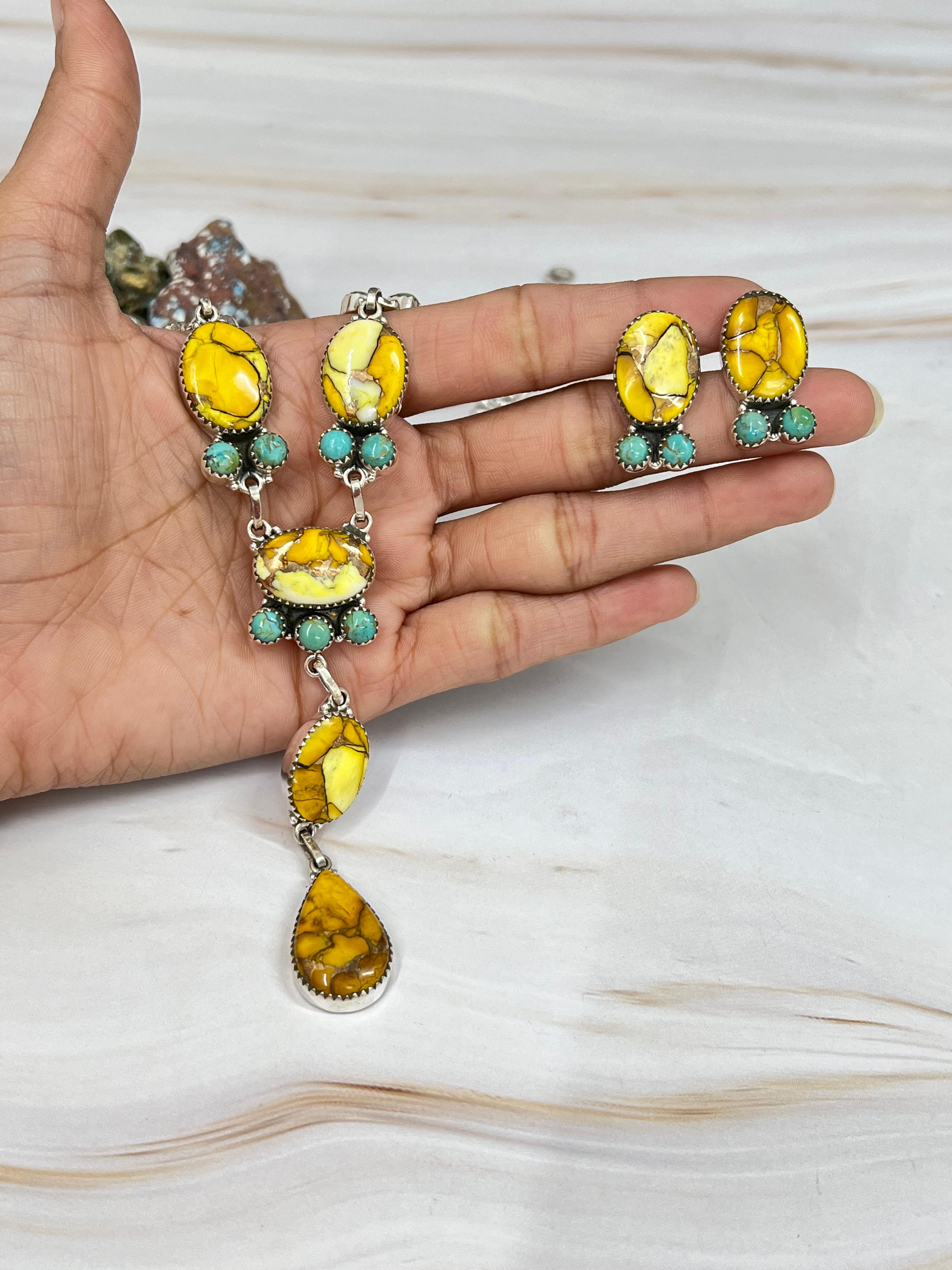 Handmade Sterling Silver Honey Dahlia with Kingman Turquoise Necklace Earrings Set, Signed Nizhoni