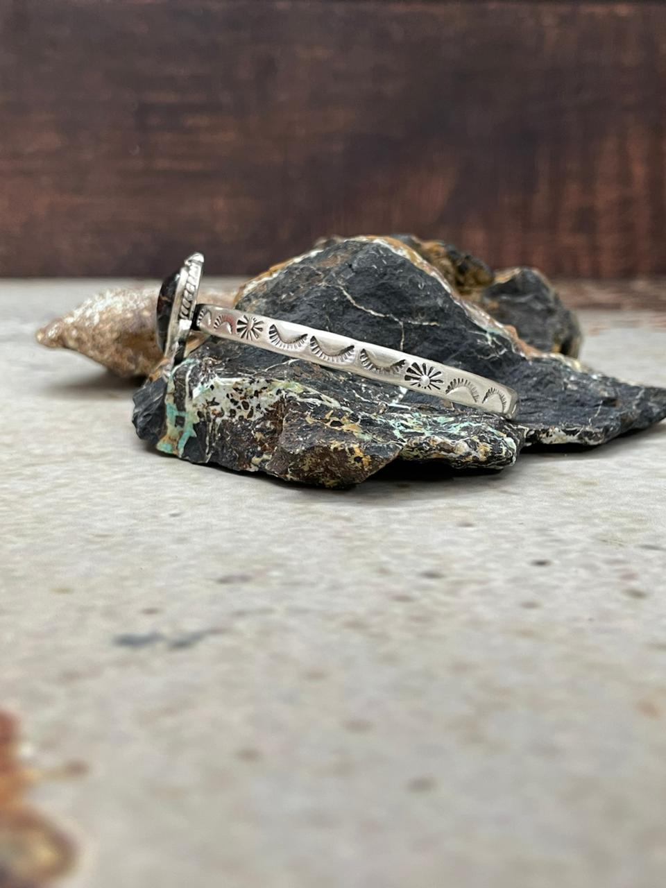 Handmade Sterling Silver Blackjack Turquoise Heart Cuff Bracelet "Signed Nizhoni"