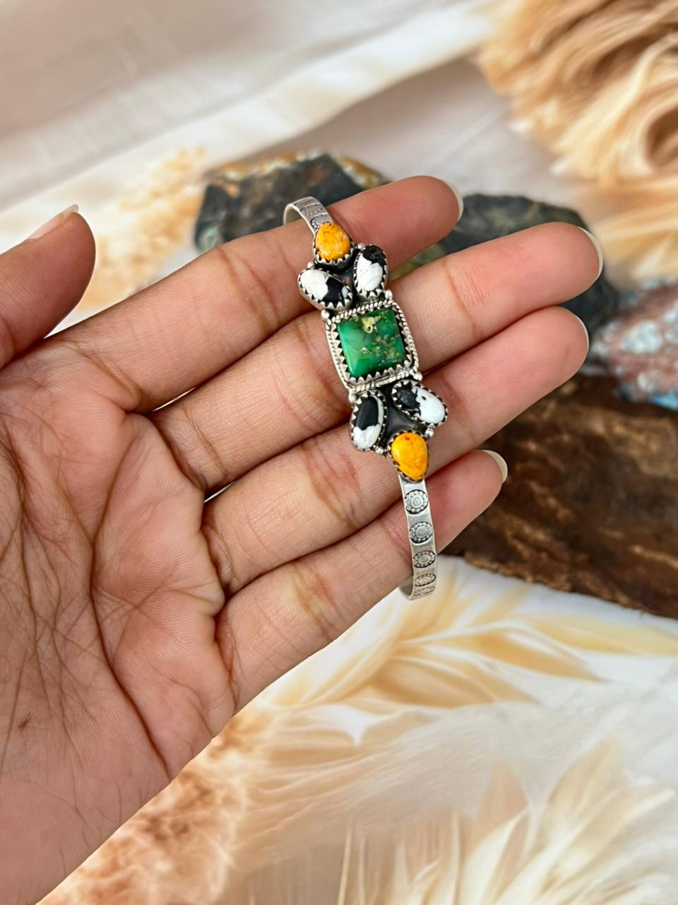 Handmade Sterling Silver Spring Collection: Bumblebee with Sonoran and White Buffalo Bracelet "Signed Nizhoni"