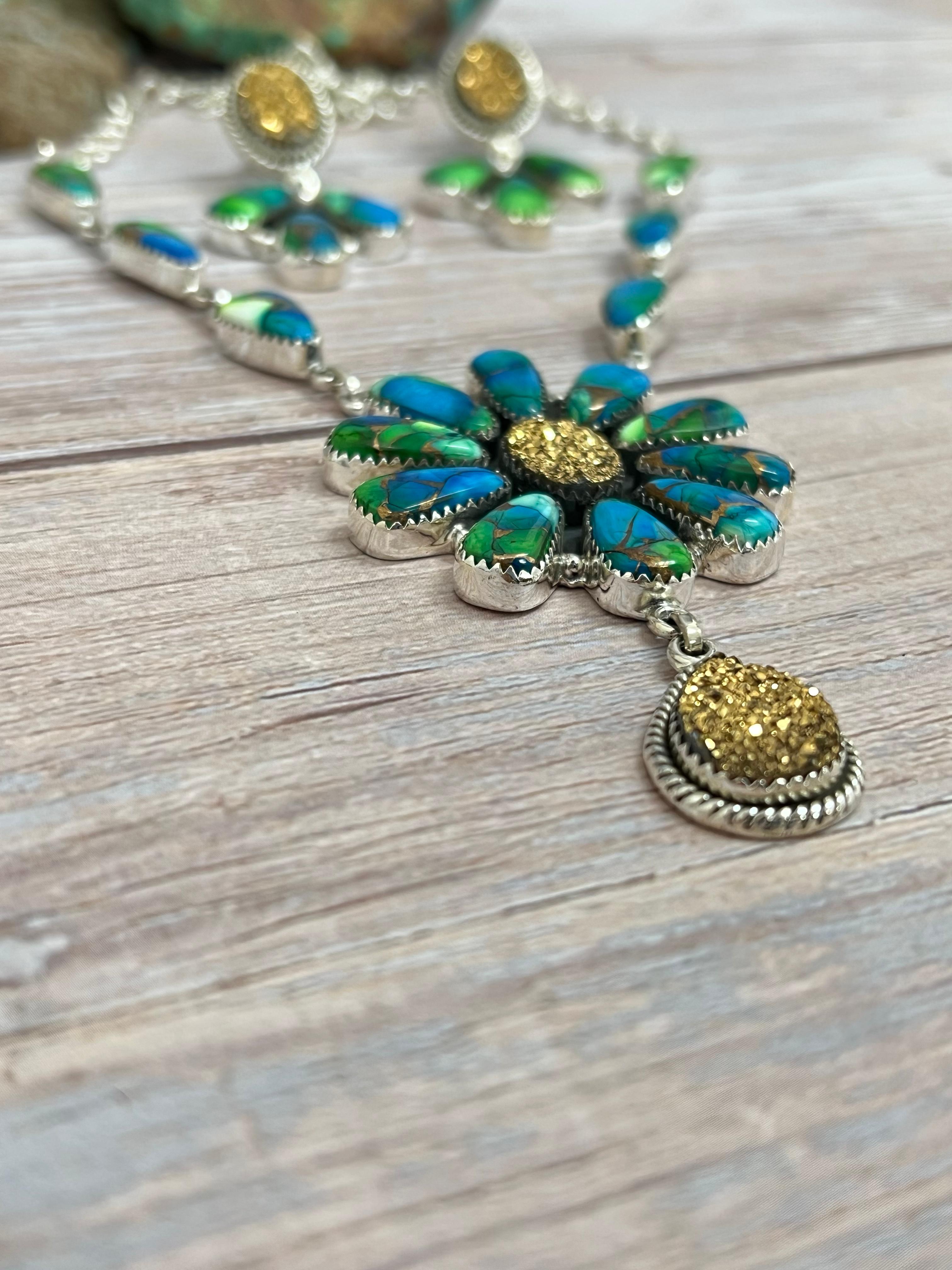 Handmade Sterling Silver Peacock Dahlia with Druzy Necklace Earrings Set with Signed Nizhoni