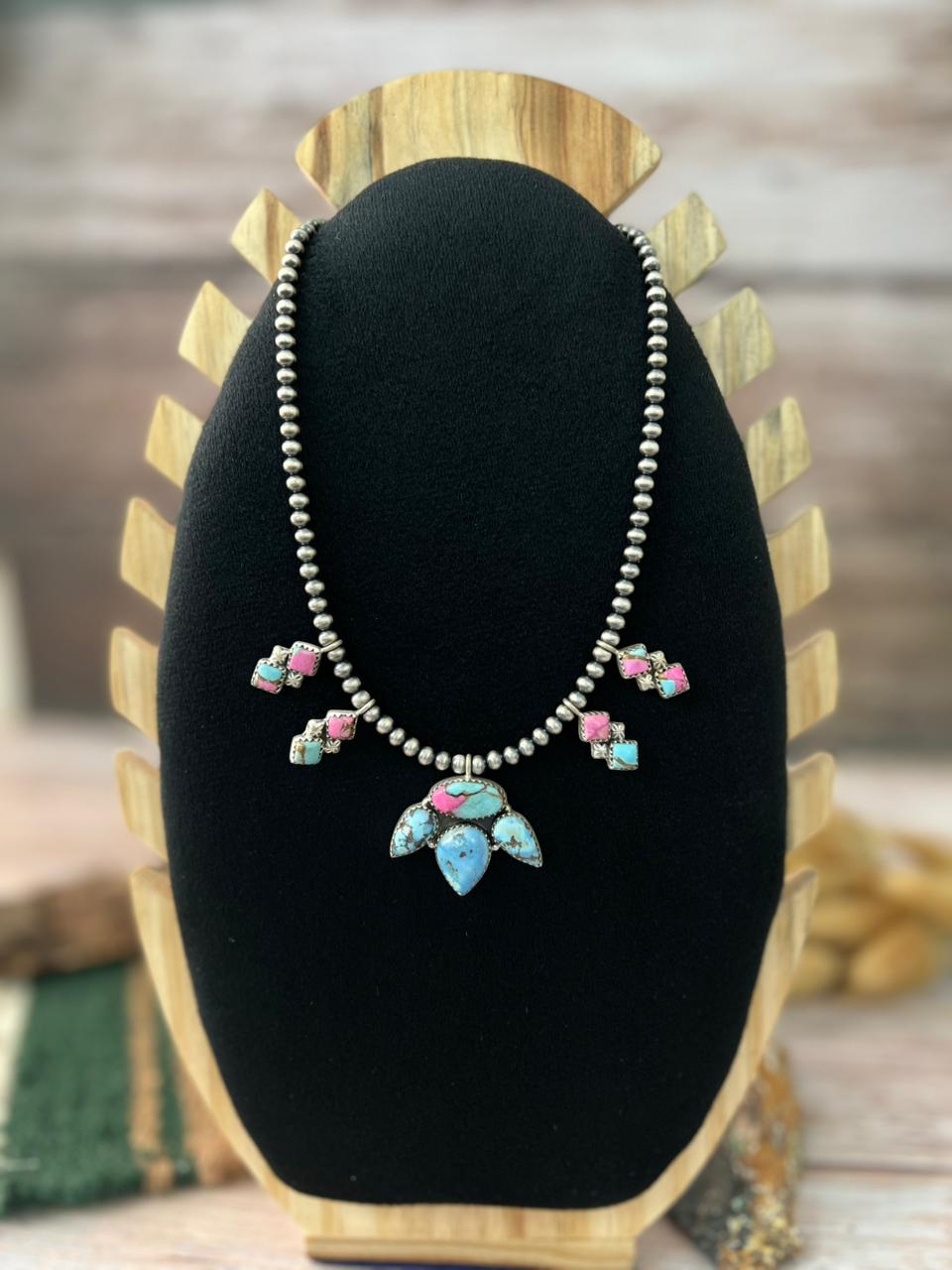 Handmade Sterling Silver Golden Hills with Cotton Candy Beaded Necklace "Signed Nizhoni"