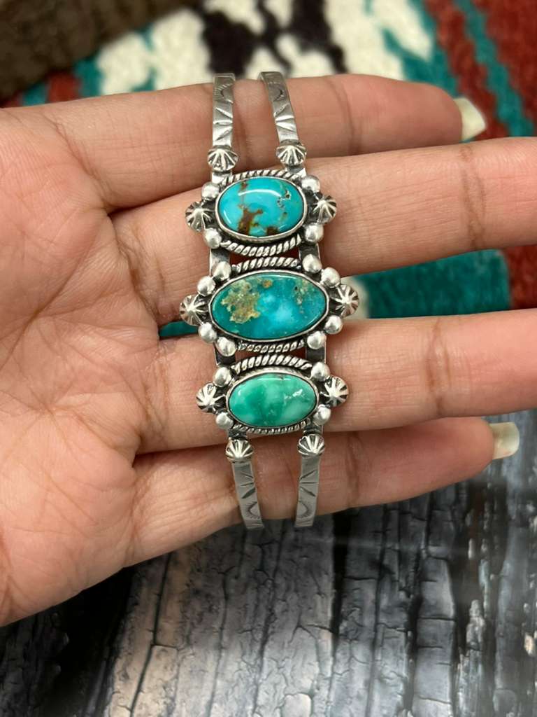 Handmade Sterling Silver Emerald Valley Turquoise Bracelet with Signed Nizhoni