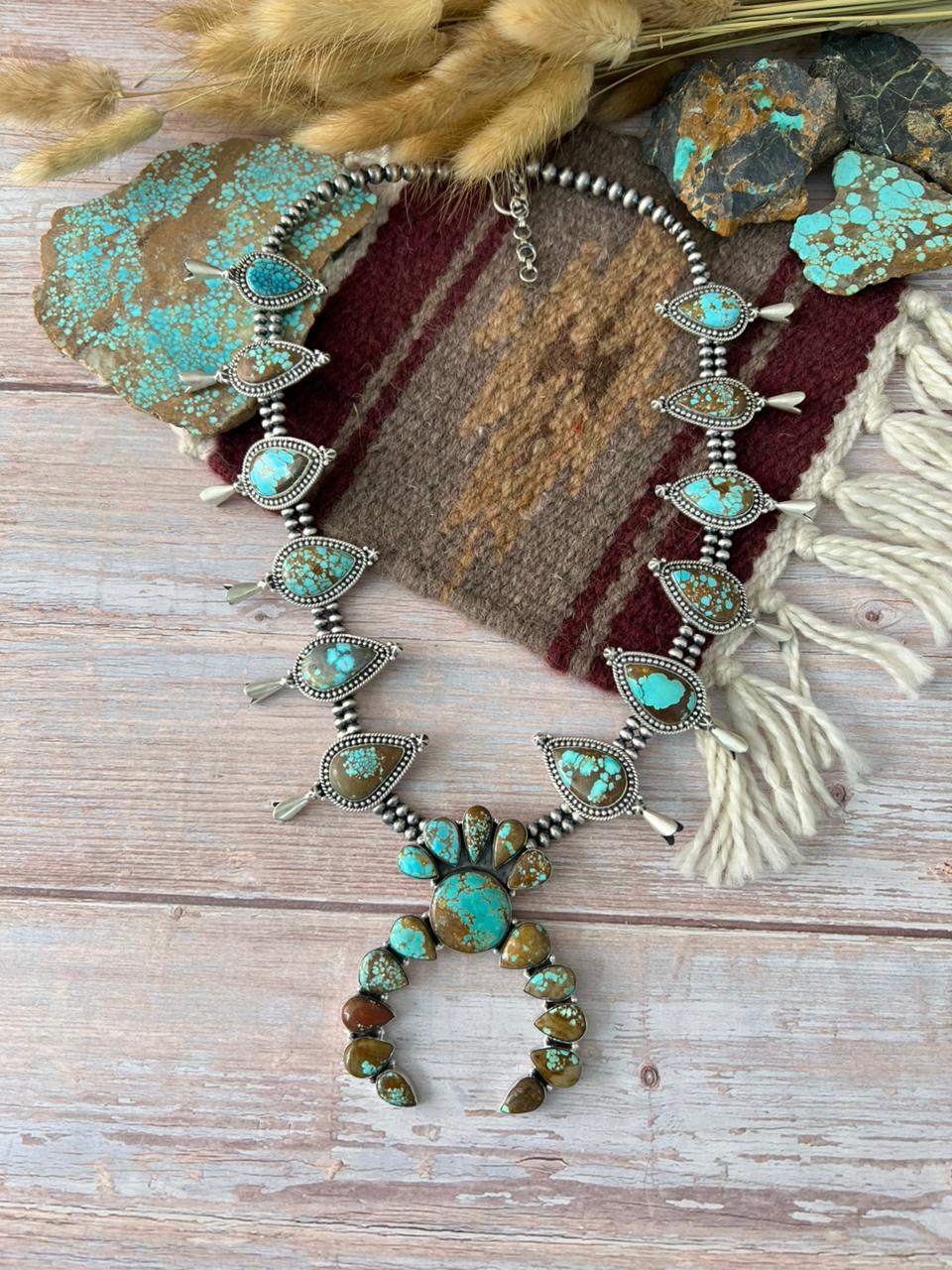 Handmade Sterling Silver Number 8 Turquoise Squash Blossom Beaded Necklace "Signed Nizhoni"