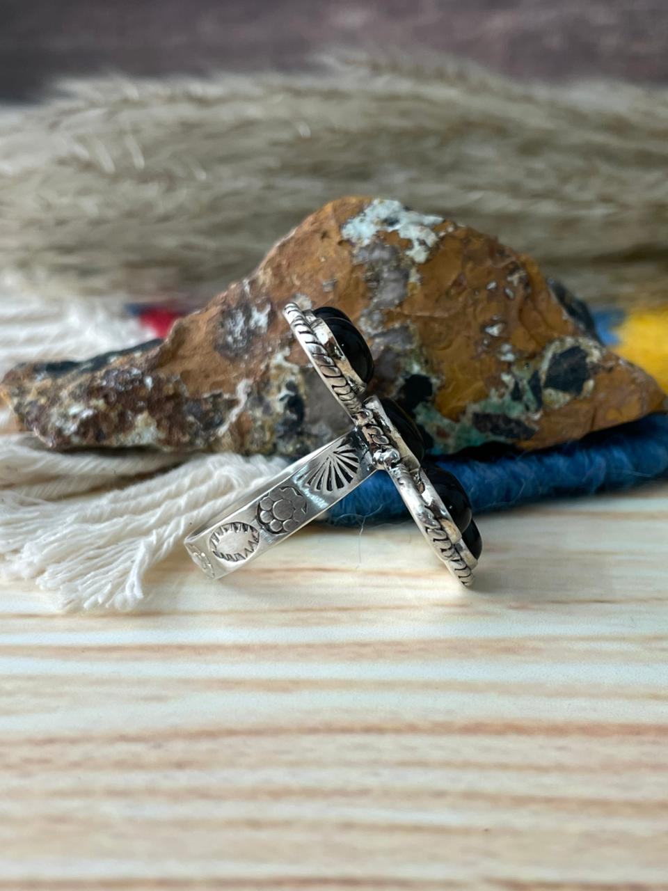 Handmade Sterling Silver Black Onyx Adjustable Ring "Signed Nizhoni"