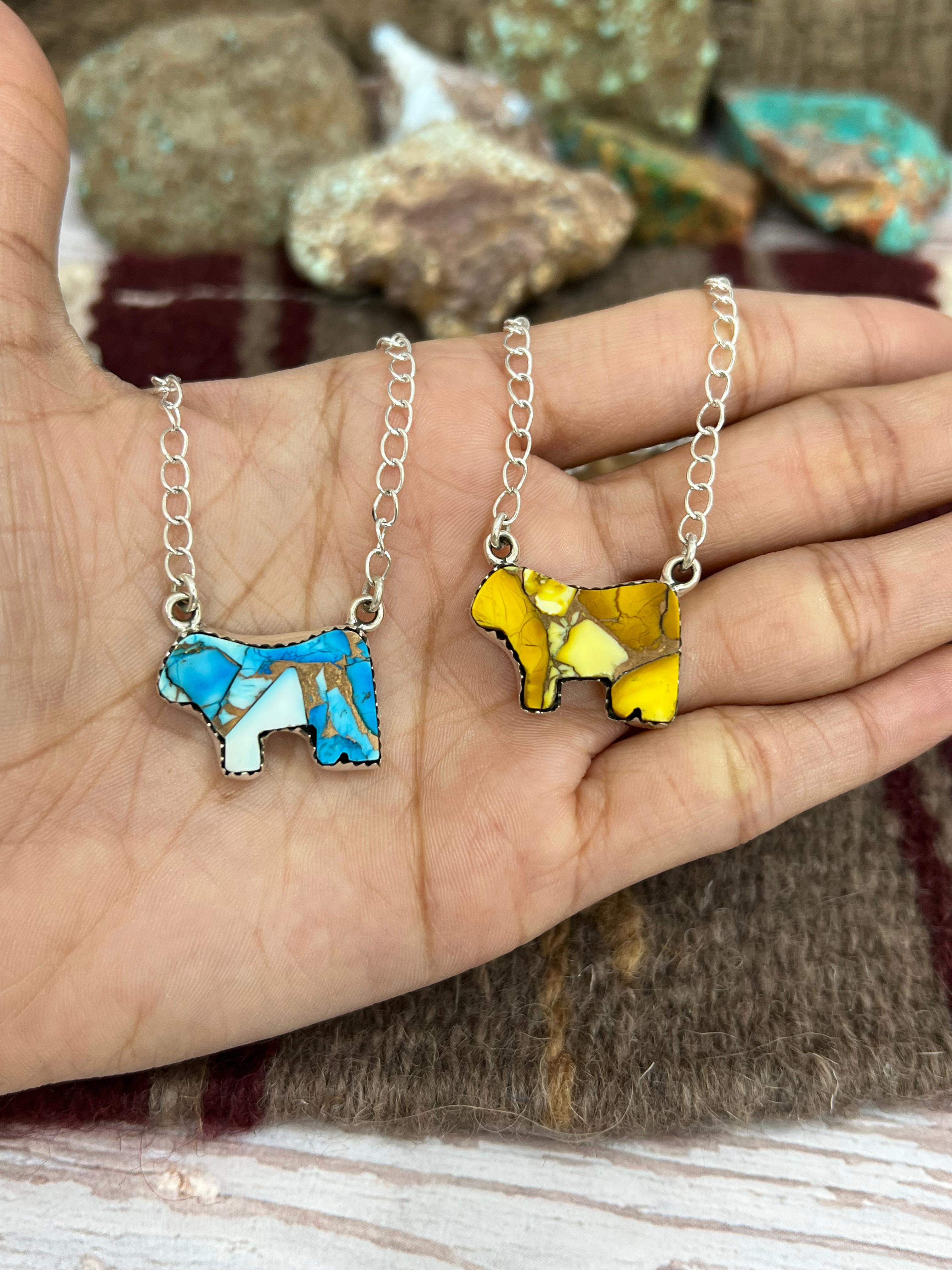 Handmade Sterling Silver Honey Dahlia, Blue Ice Rose Dahlia Bull Necklace with Signed Nizhoni