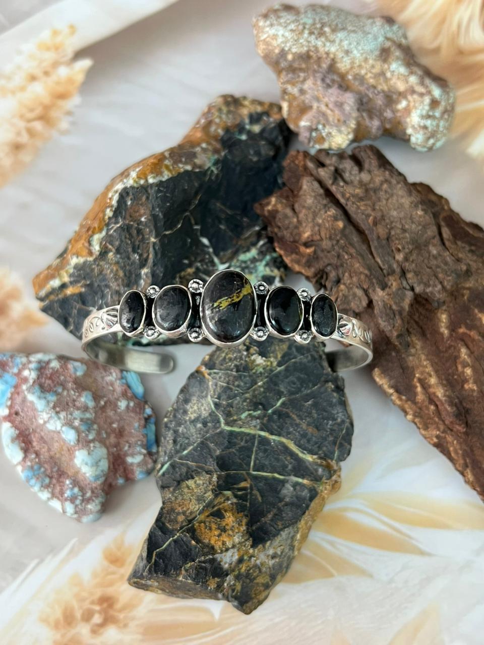 Handmade Sterling Silver Blackjack Turquoise 5 stone cuff Bracelet "Signed Nizhoni"