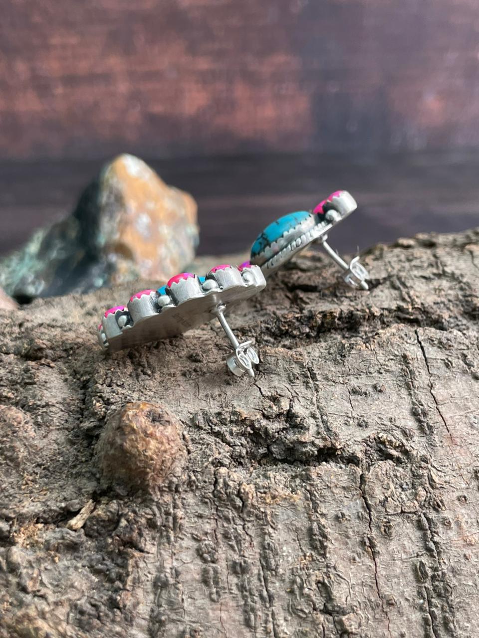 Handmade Sterling Silver Arizona Blue Turquoise with Hot Pink Post Studs Earrings "Signed Nizhoni"