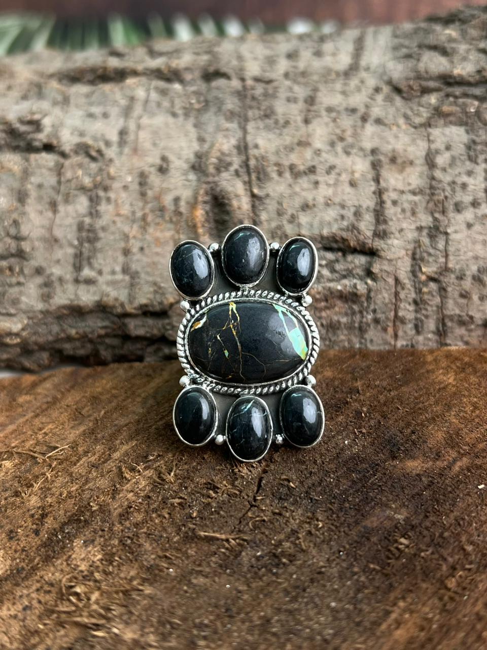 Handmade Sterling Silver Blackjack Turquoise Adjustable Ring "Signed Nizhoni"