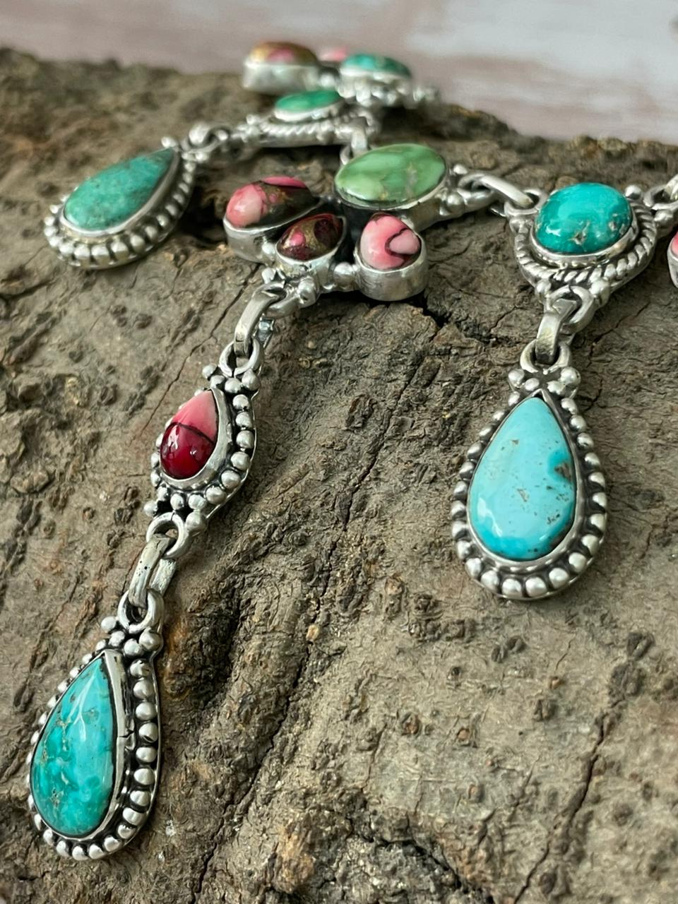 Handmade Sterling Silver Dahlia Rose with Emerald Valley Turquoise Necklace "Signed Nizhoni"