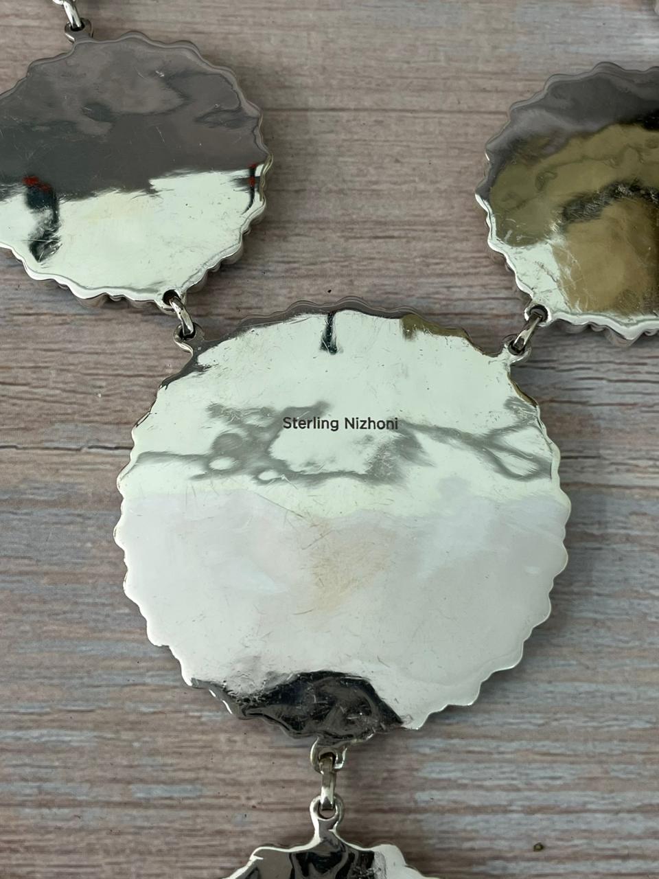 Handmade Sterling Silver Orange Mojave with Kingman Turquoise Necklace "Signed Nizhoni"