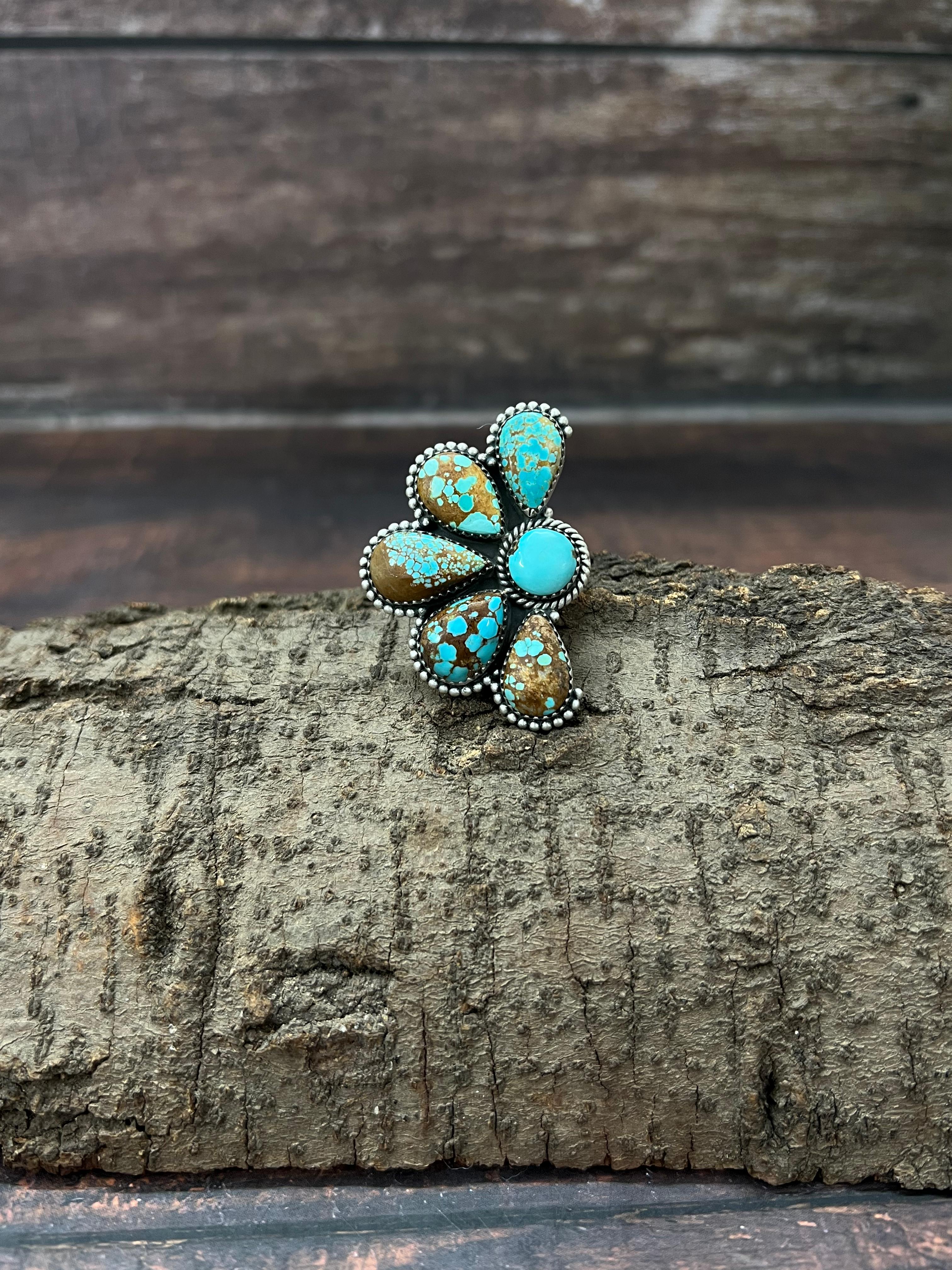 Handmade Sterling Silver Number 8 Turquoise Adjustable Ring with Signed Nizhoni
