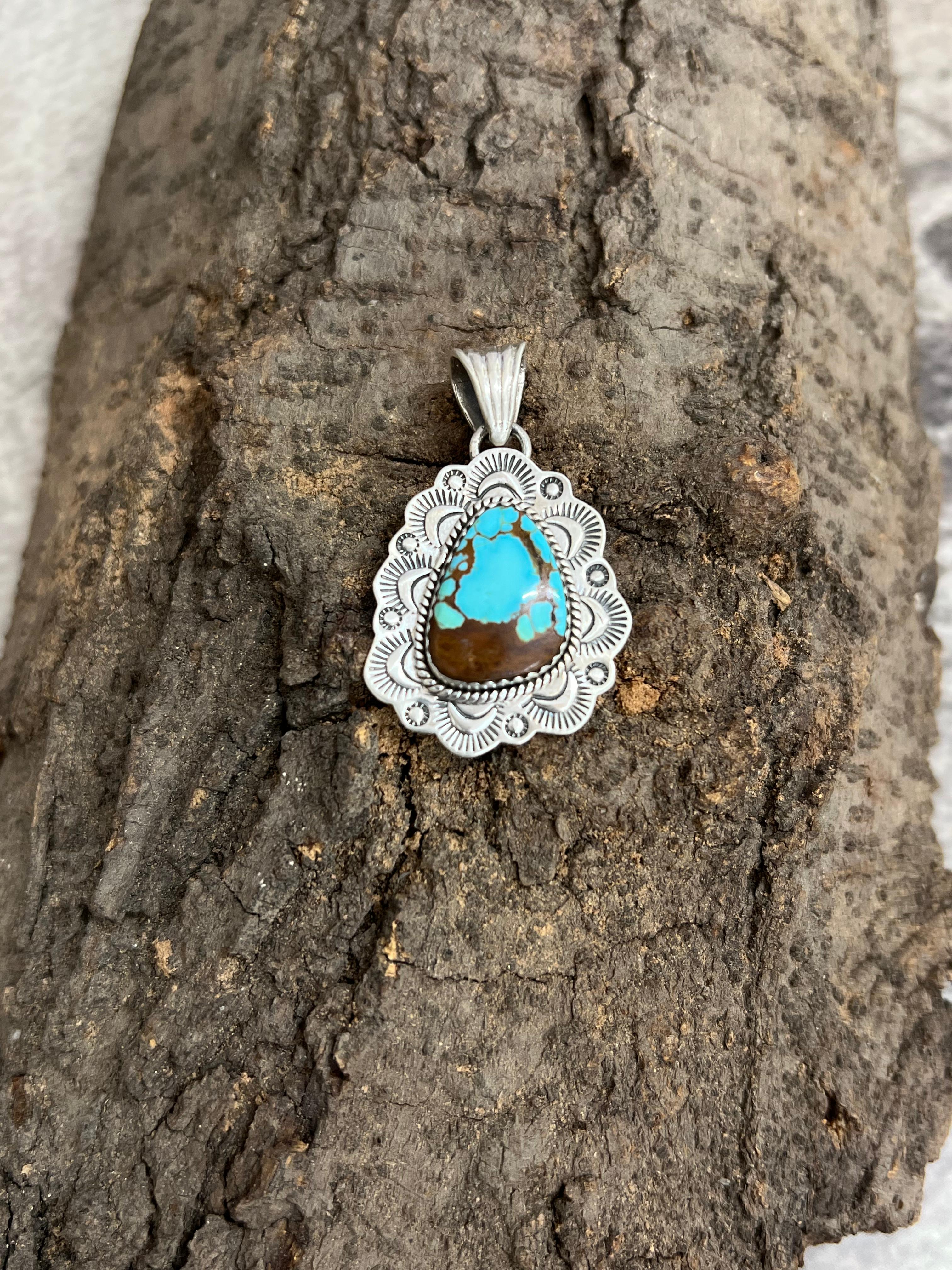 Handmade Sterling Silver Number 8 Turquoise Pendant with Signed Nizhoni