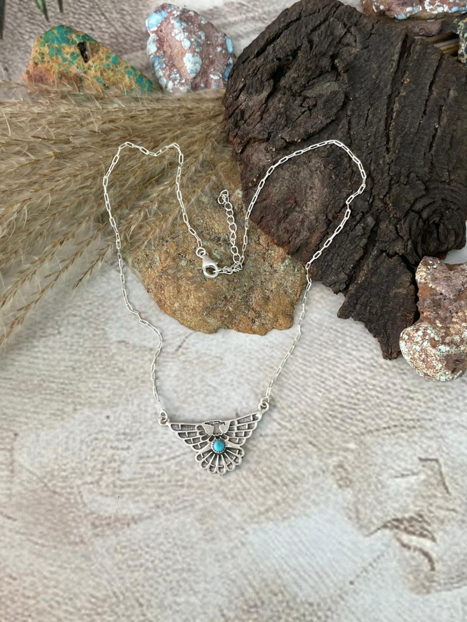 Handmade Sterling Silver Kingman Turquoise Thunder Bird Necklace "Signed Nizhoni"