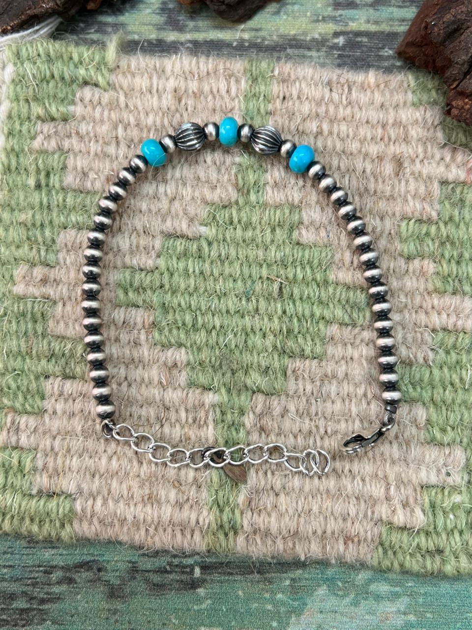 Handmade Sterling Silver Kingman Turquoise Beaded Bracelet "Signed Nizhoni"