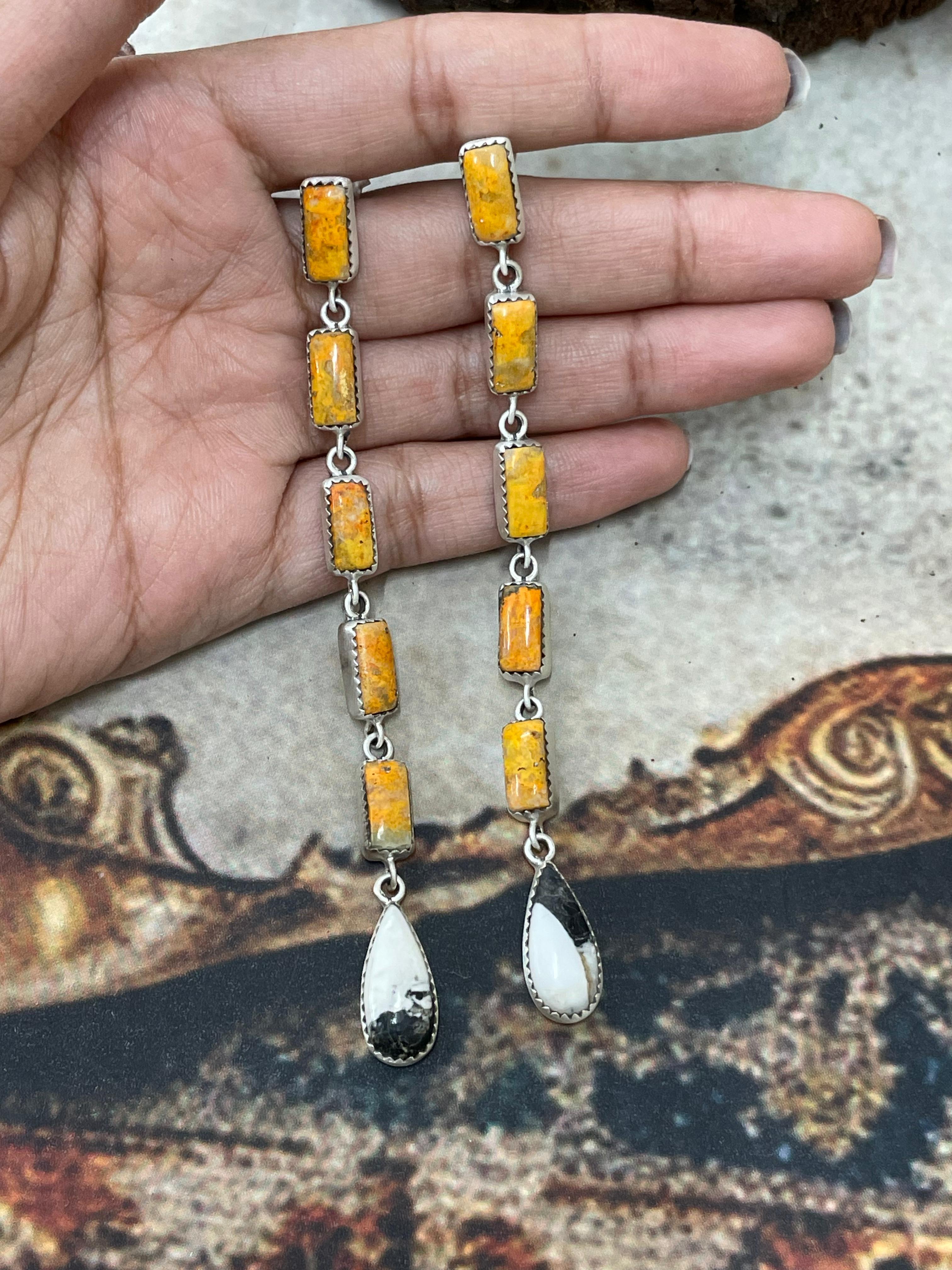 Handmade Sterling Silver White Buffalo, Bumblebee Post Dangle Earrings with Signed Nizhoni