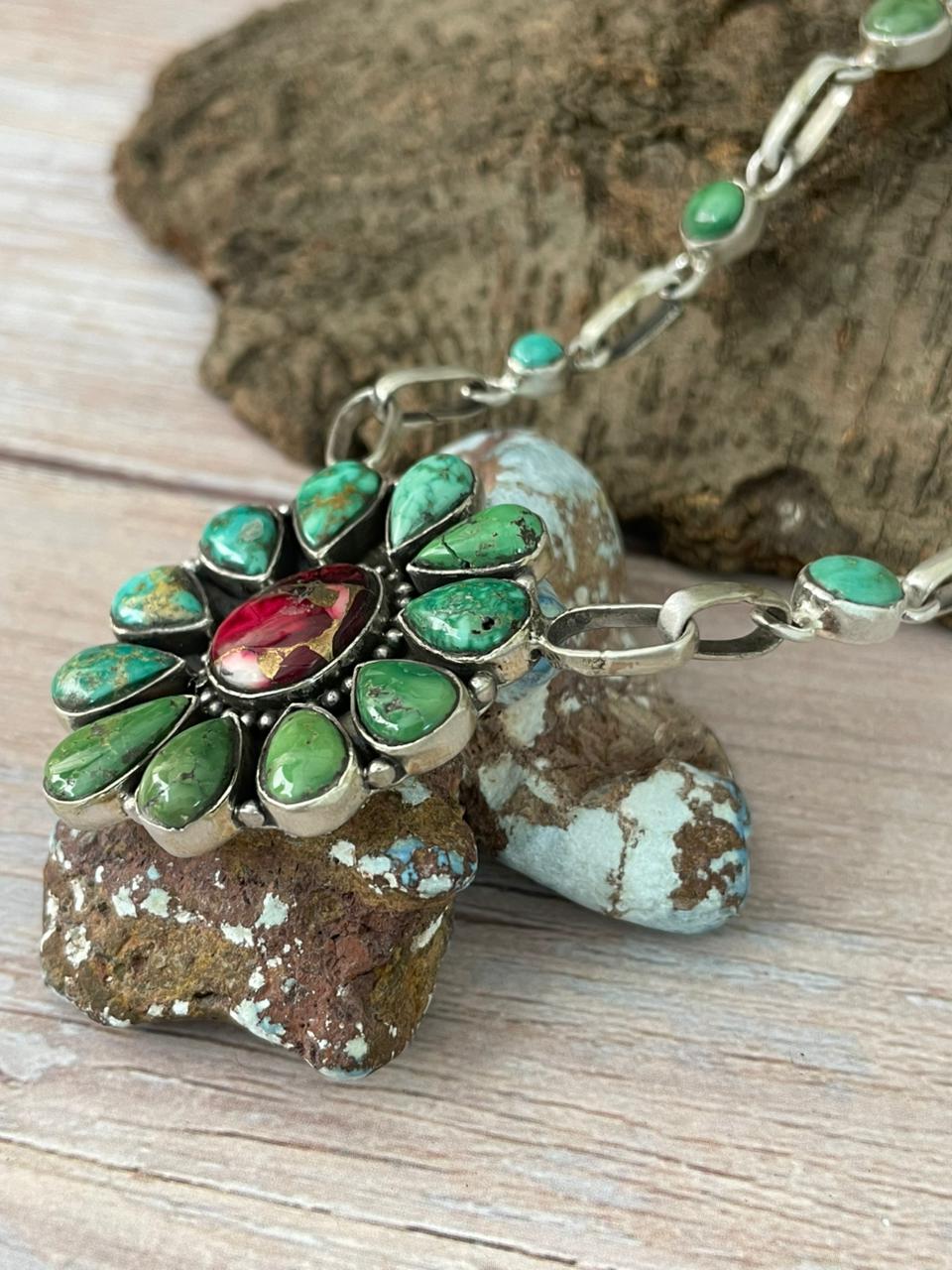 Handmade Sterling Silver Dahlia Rose with Emerald Valley Turquoise Necklace "Signed Nizhoni"