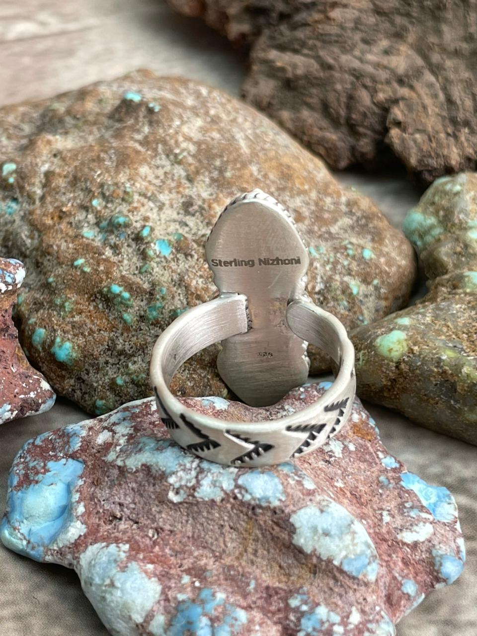 Handmade Sterling Silver Emerald Valley Turquoise Adjustable Ring with Signed Nizhoni