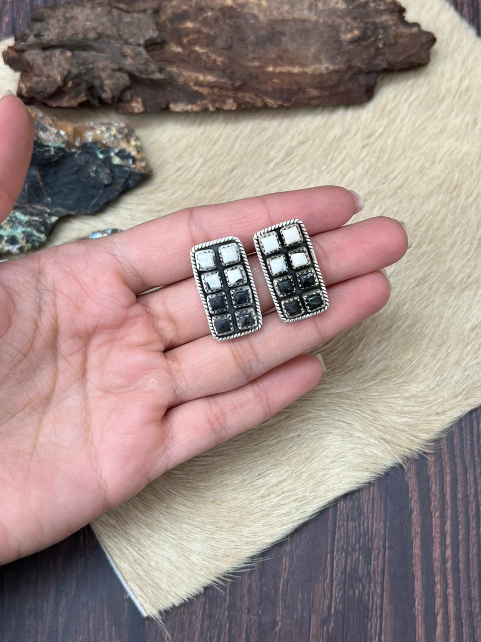 Handmade Sterling Silver White Buffalo Post Studs Earrings "Signed Nizhoni"
