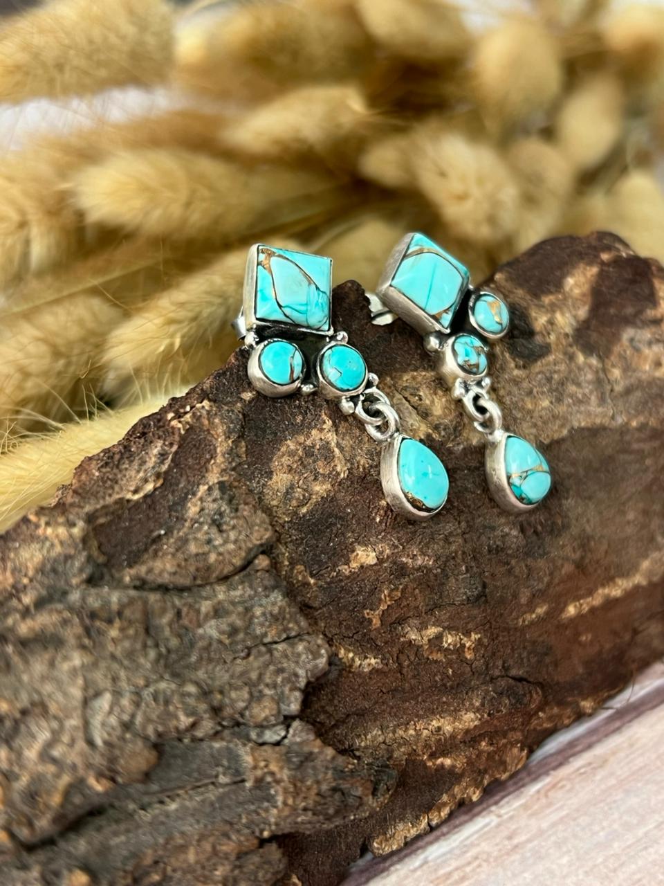 Handmade Sterling Silver Mint Dahlia Collection: Post Dangle Earrings "Signed Nizhoni"