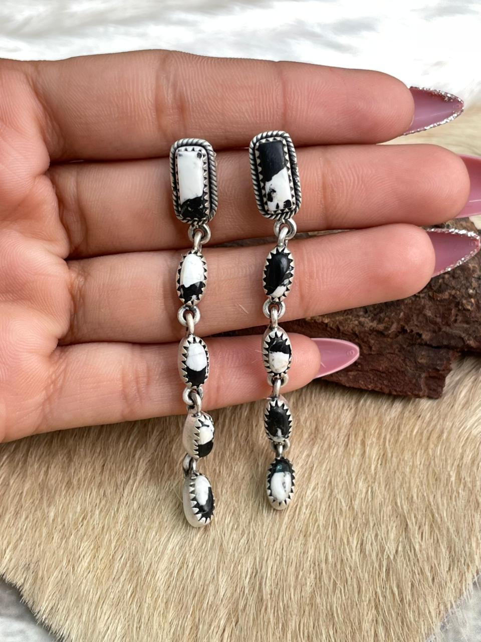 Handmade Sterling Silver White Buffalo Post Dangle Earrings "Signed Nizhoni"