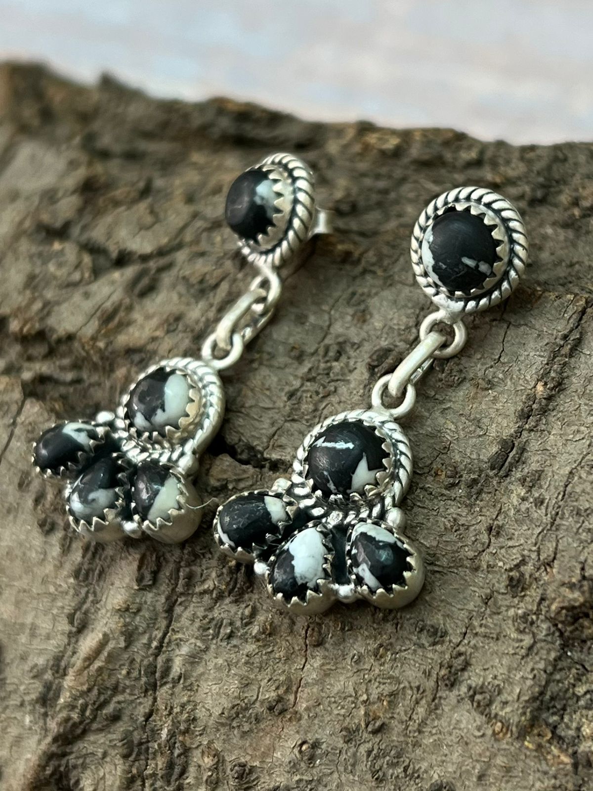 Handmade Sterling Silver White Buffalo Post Dangle Earrings "Signed Nizhoni"