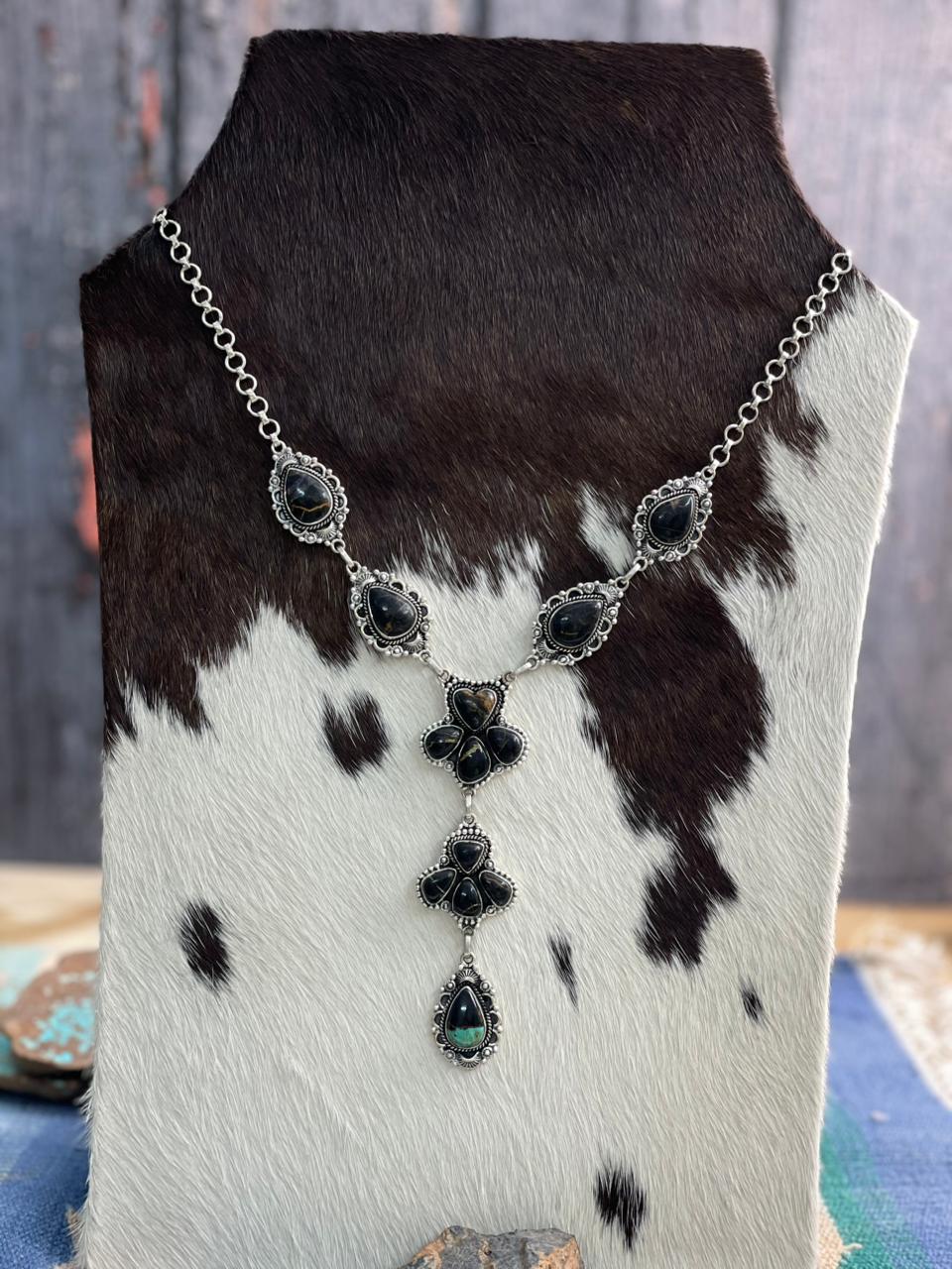 Handmade Sterling Silver Blackjack Turquoise Necklace "Signed Nizhoni"